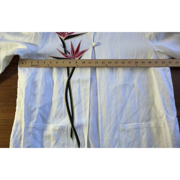 Vintage Bob Mackie Size XL 3/4 Linen Blend White Bird of Paradise Tunic Pockets - Picture 3 of 8